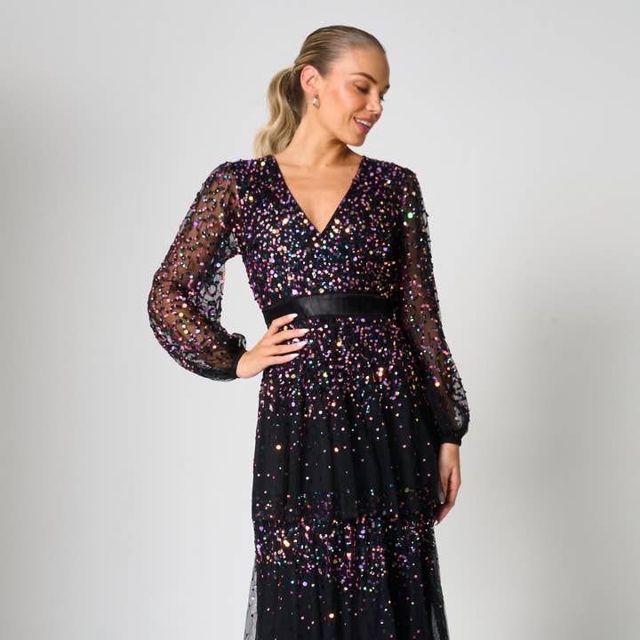 Iris Black Iridescent Sequin Maxi Dress for wholesale by Frock & Frill