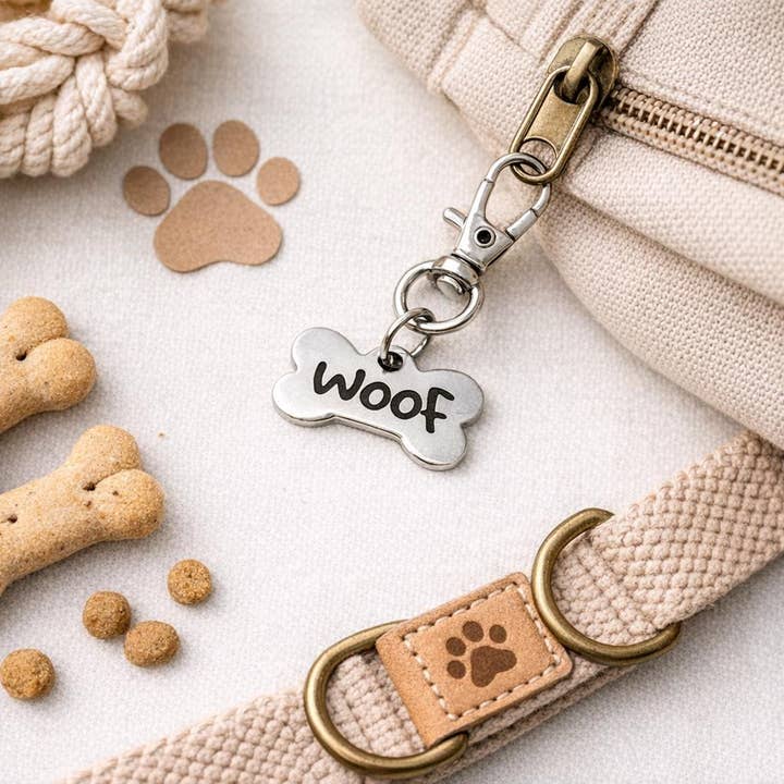 Ciondolo Clip Osso Cane Woof in Acciaio Inossidabile Inciso Accessorio per Animali Zaino Cerniera Ciondolo Regalo per Amanti dei Cani per la vendita all'ingrosso da parte di JKCE Designs