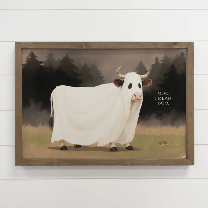 Hangout Home - Wholesale Art Print - Cow Ghost - Funny Cow Halloween Canvas Art - Wood Framed Art1