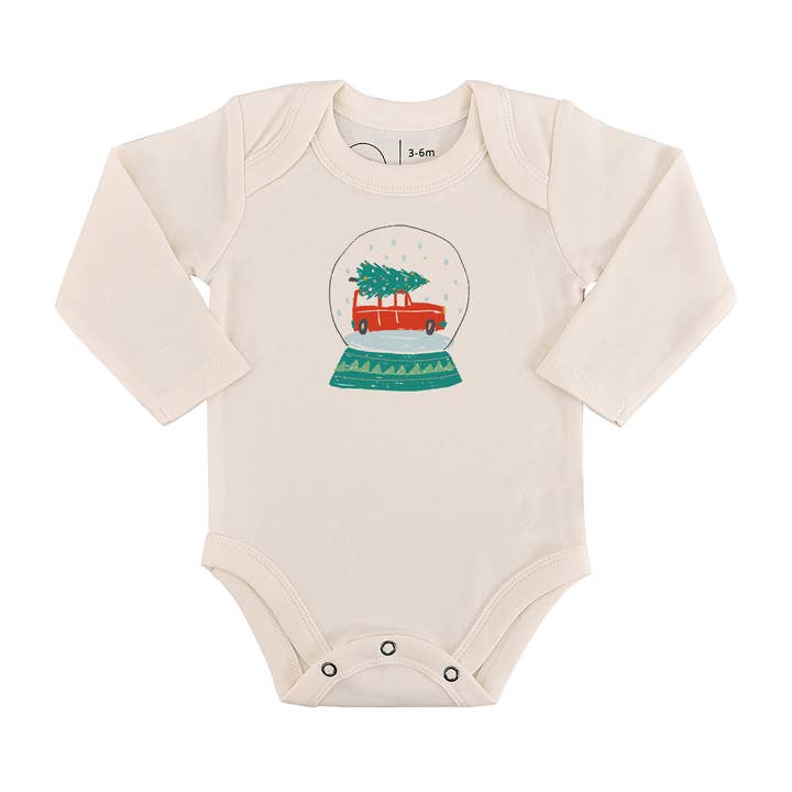 Default baby long sleeve graphic organic bodysuit | snow globe for wholesale on Faire