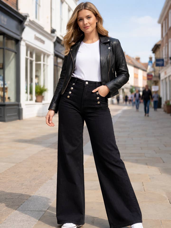 Voggo Schwarze Weitgeschnittene Jeans mit Silberknöpfen für den Großhandel von Kurt Muller