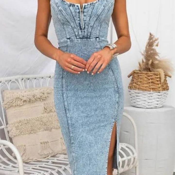 U-Neck Washed Slim Split Denim Dress DP25A530 and other Purchase Wholesale dstk410. Free Returns & Net 60 Terms on Faire trending on Faire.
