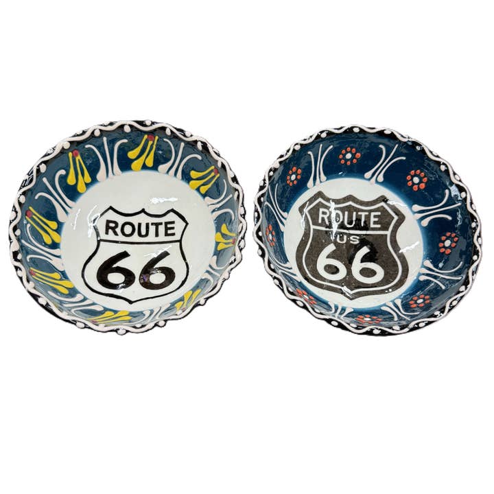 39602-R: 2" CERAMIC BOWL - EMBOSSED ROUND - ROUTE 66 for wholesale by Import Corner