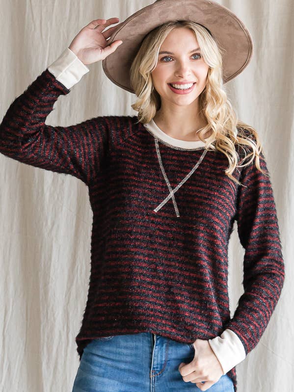 Casual Striped Fuzzy Knit Top for Women T4539 for wholesale by 7th Ray