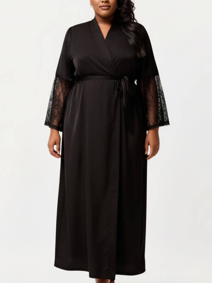 PLus Size Long Satin Robe with Sheer Lace Sleeve Panels and Adjustable Tie Waist for a Flowing Silhouette for wholesale by Anna Kaci Wholesale