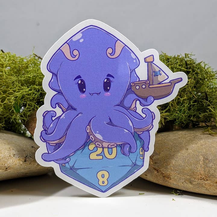 Chibi Kraken Atop A D20 Polyhedral Dice Sticker - 2.5" for wholesale by Mimic Gaming Co