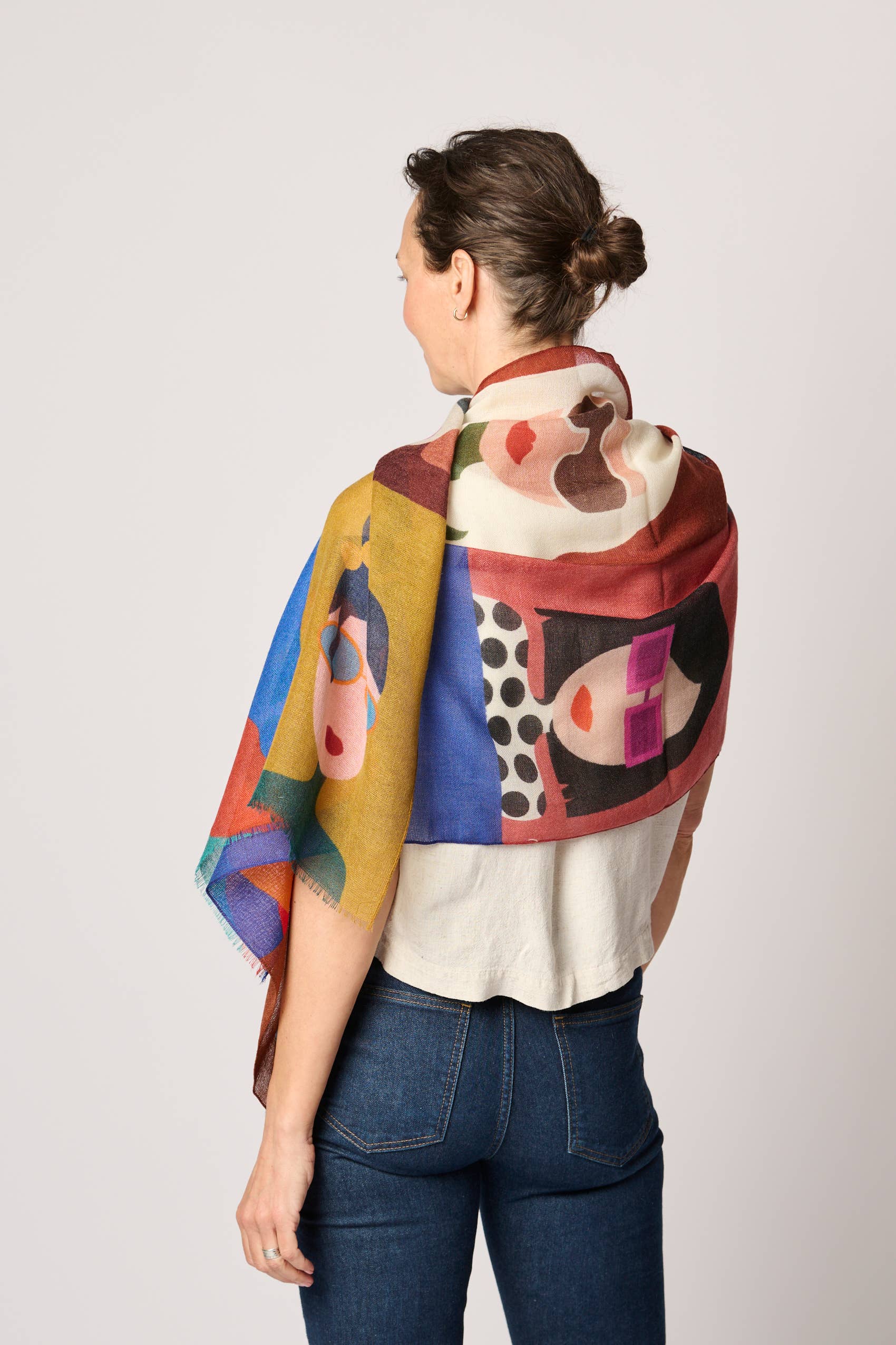 Margolis Pineo Italia - Wholesale Scarf - Women's -   RESTOCKED "GIRLS W/ GLASSES" ART SCARF—SOFT WOOL FLEECE 3