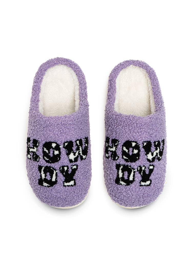 Living Royal - Wholesale Slippers - Women's - Indoor / Outdoor Slippers - Cow Print "Howdy" - Purple
