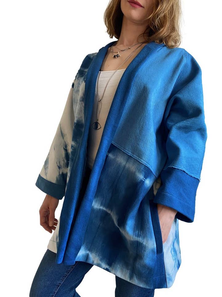 TJ Indigo Clothing Co. - Venta al por mayor Kimono - Mujer - Kimono patchwork de algodón orgánico en índigo de alto contraste
