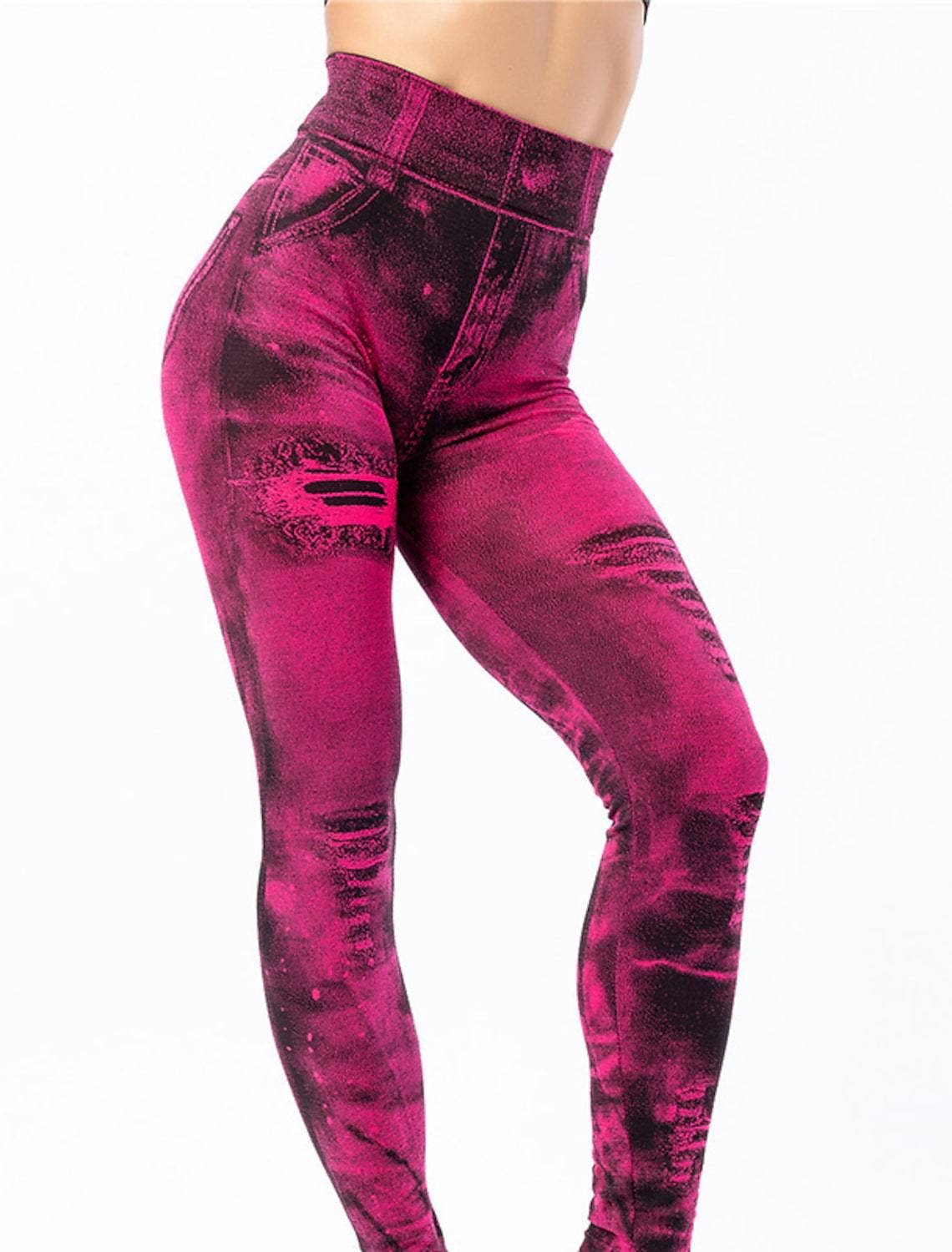 Tourtiwi - Wholesale Pants - Women's - Fake Ripped Imitation Denim High Waist Yoga Pants5