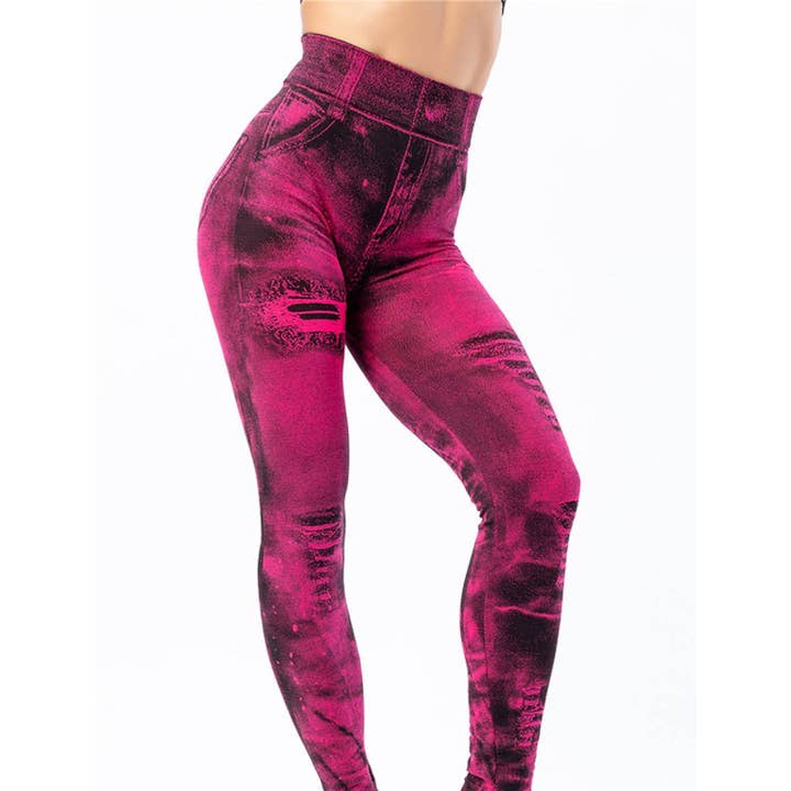 Tourtiwi - Wholesale Pants - Women's - Fake Ripped Imitation Denim High Waist Yoga Pants5