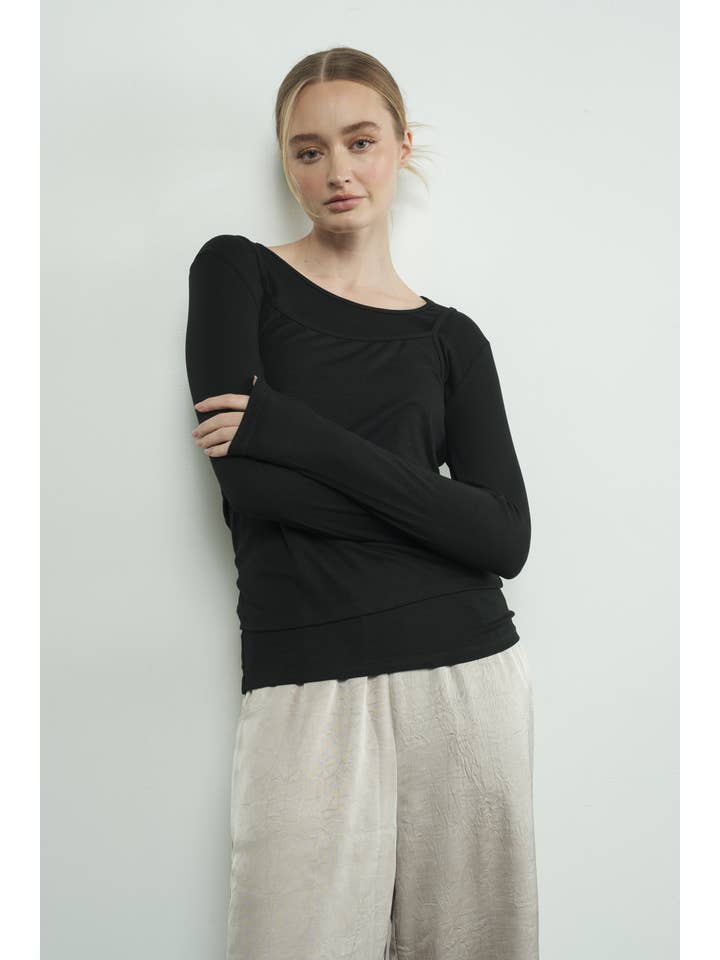 Aaron & Amber - Wholesale T-Shirt - Women's - MAT3127 TWO FER TANK LONG SLEEVE TOP