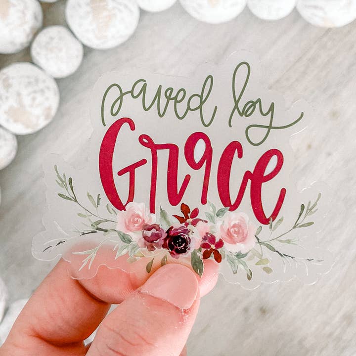 Saved By Grace Floral Clear Vinyl, Sticker, 3x3 in. for wholesale by Savannah and James Co