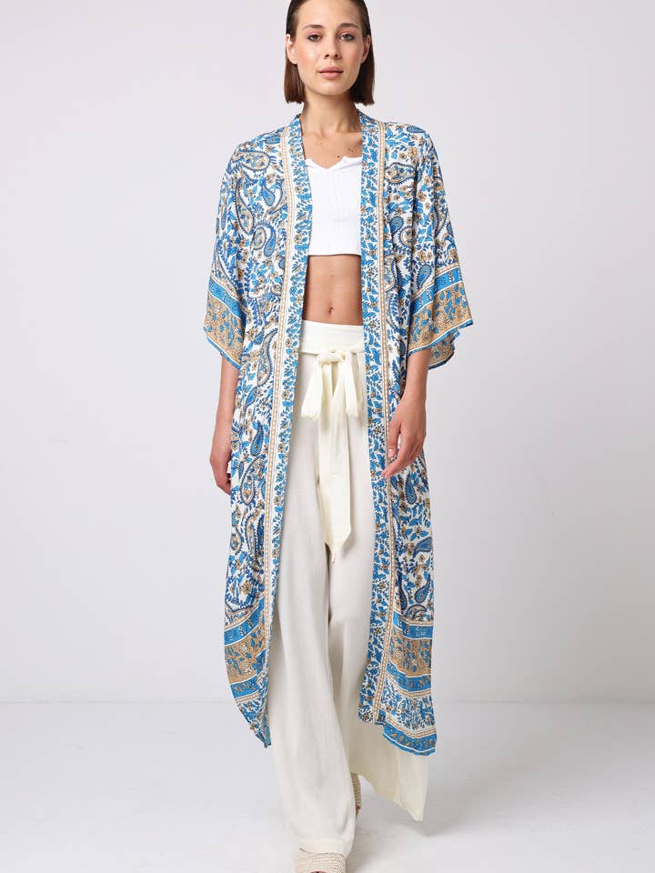 ANGELEYE – wholesale Kimono – Women's – Long Sleeve Maxi Kimono in Blue Paisley Print2