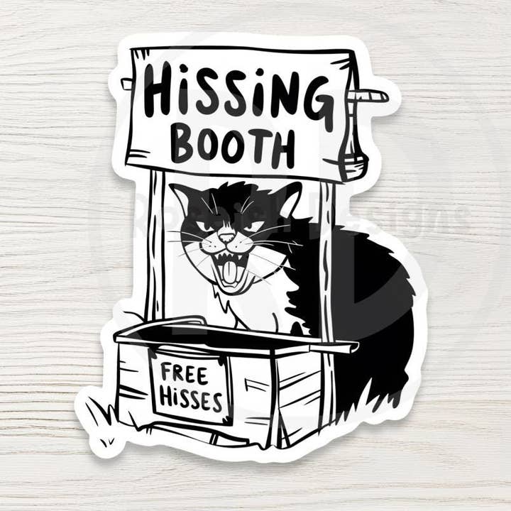 Funny Cat Vinyl Sticker - Hissing Booth Water Bottle Decal for wholesale by Roseish Designs