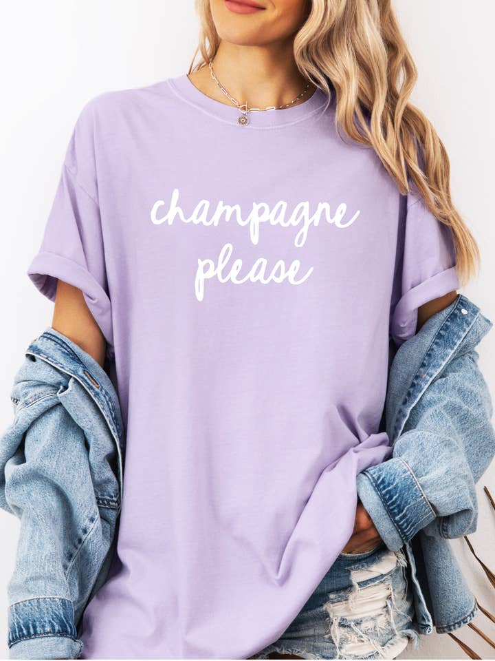 P E T I T R U E - Wholesale Screen Printed T-Shirt - Women's - Champagne Please Shirt, Cute Bachelorette Party Tee2