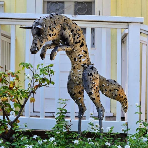 Metal Jumping Fox Garden Sculpture for wholesale by Artisan Metal Art INC