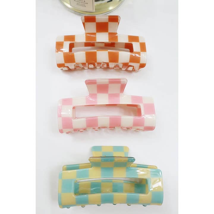MIX COLOR Checker Pattern Rectangle Medium Size Hair Claw for wholesale on Faire