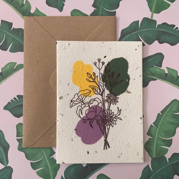 Floral Green, Purple & Yellow Abstract Plantable Seed Card for wholesale by Plantiful Paper Company