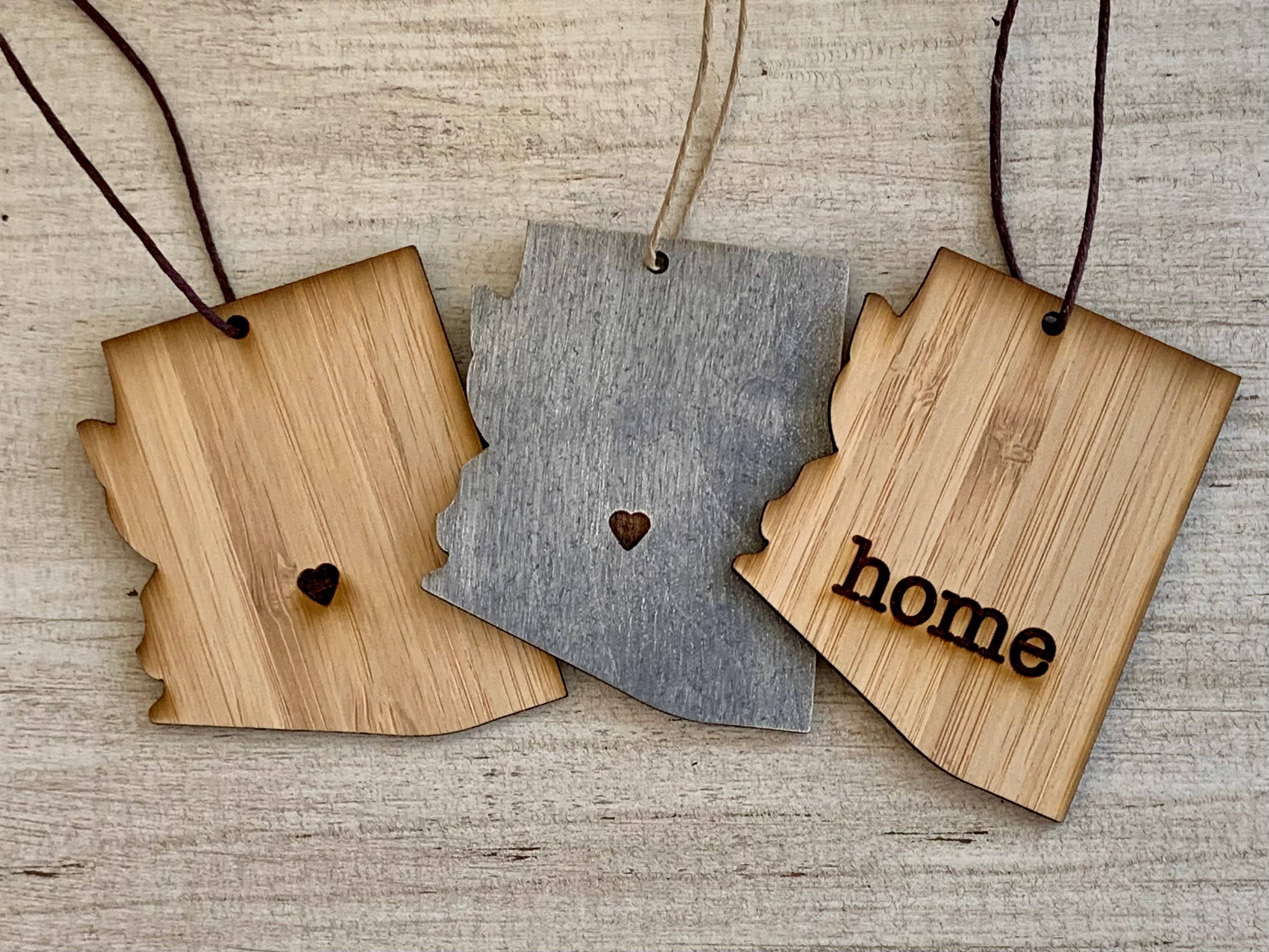 Juniper & Spruce - Wholesale Ornament - Arizona Outline Ornament | Rustic Wood | Heart Home | Etched | Laser Cut1