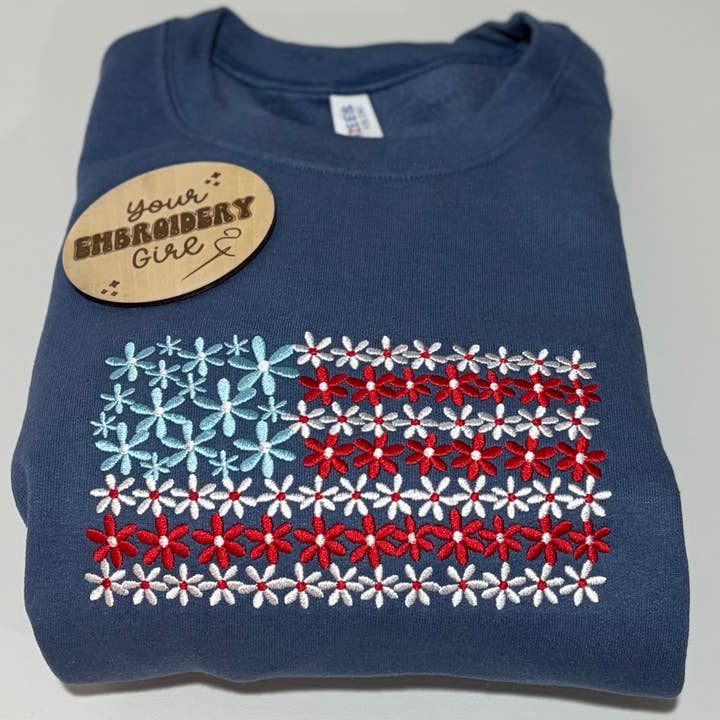 Embroidered Patriotic Floral American Flag JERZEES Crewneck for wholesale by Your Embroidery Girl