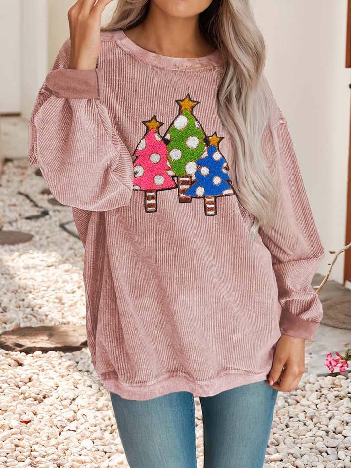 Pink LDC Vintage Wash Sequined Christmas Tree Corded Sweatshirt for wholesale on Faire