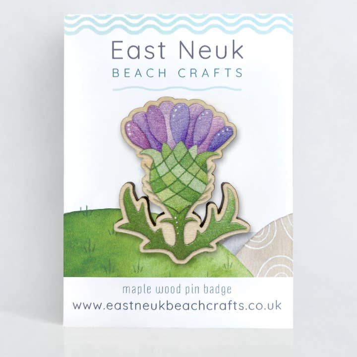 Thistle Pin Badge - Wooden Brooch - Scottish Gifts for wholesale by East Neuk Beach Crafts