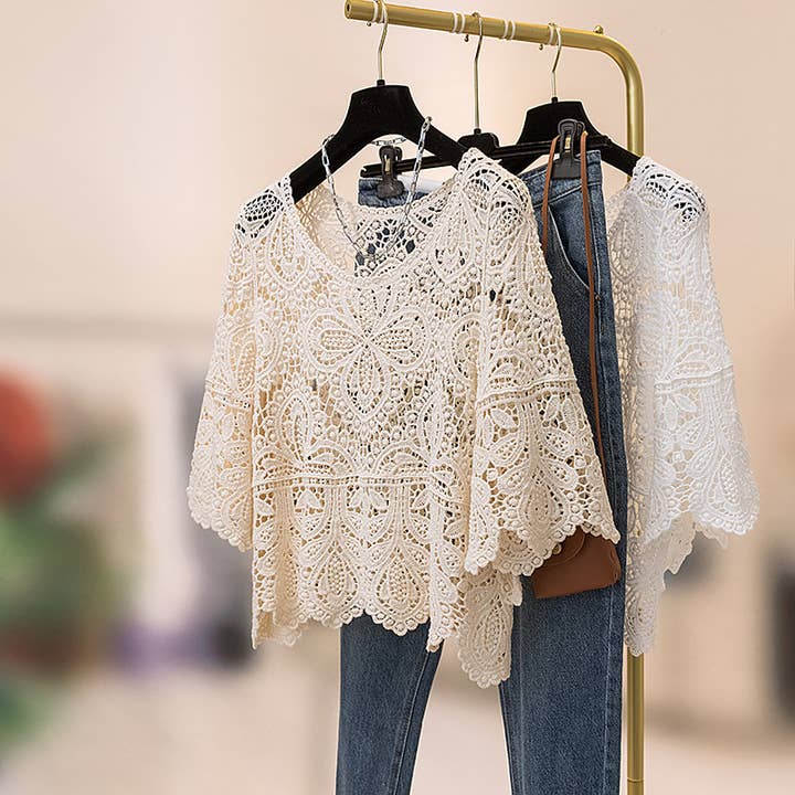 HIDDENBRAND - Wholesale T-Shirt - Women's - Bohemia Crochet Lace bell flare sleeve tee top cover up
