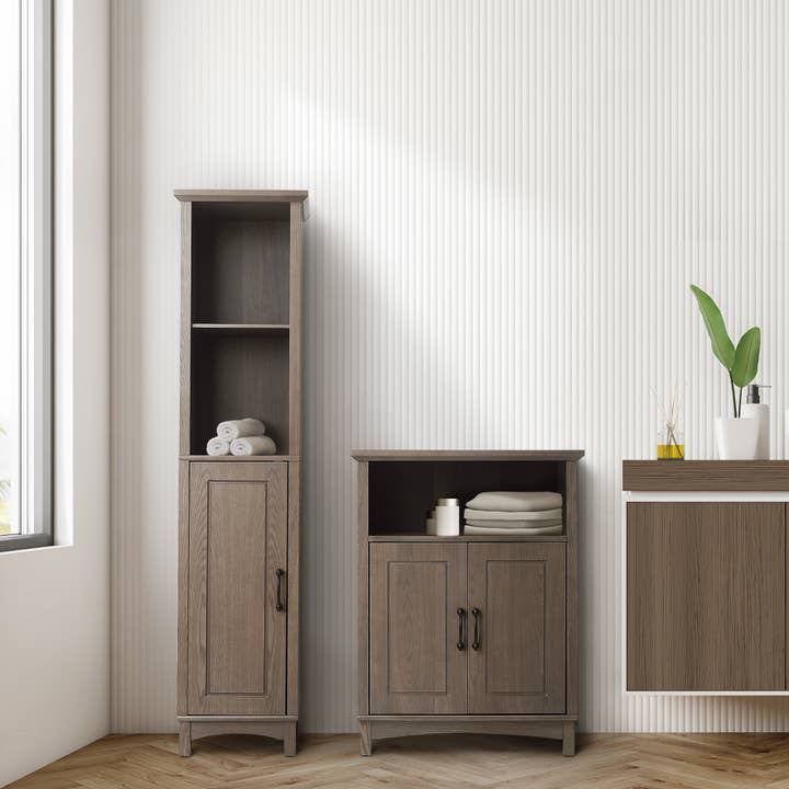 Russell Farmhouse Wooden Linen Tower Cabinet, Salt Oak for wholesale on Faire