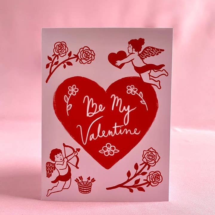 Carte de vœux rose et rouge "Sois mon Valentin" pour la vente par Steph Marie Art