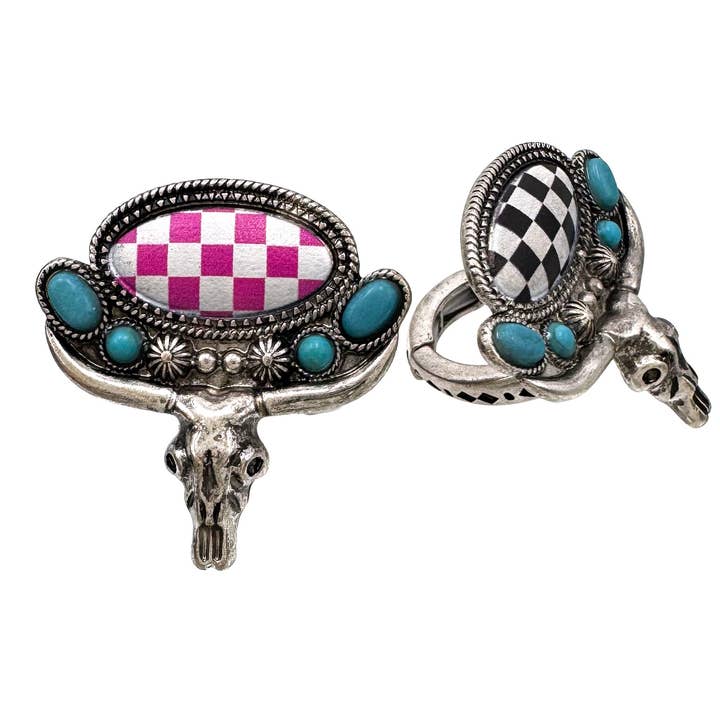 Checkered Print Western Oval Longhorn Stretch Ring for wholesale by Lunar Deer