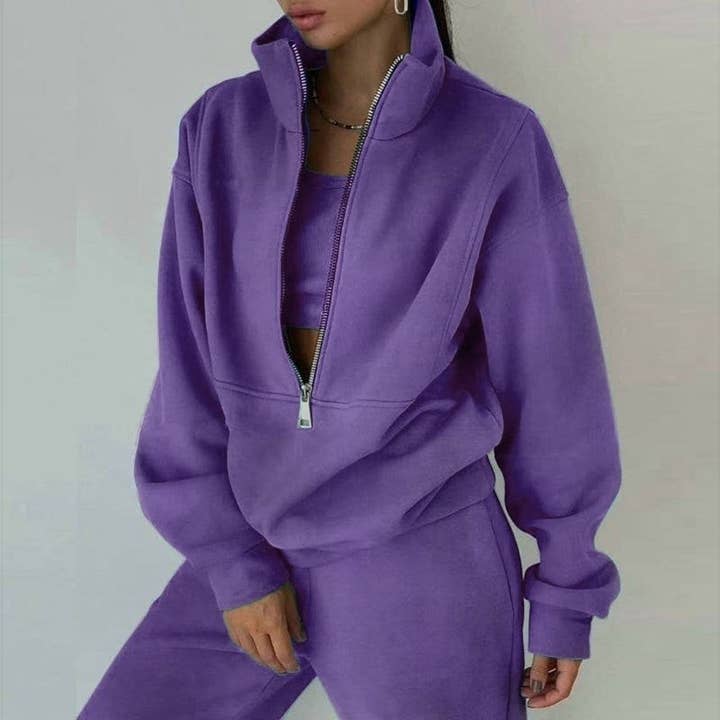 UZ Wholesale Store - Wholesale Lounge Set - Women's - Solid Color Half Zip Hoodie And Jogger Set
