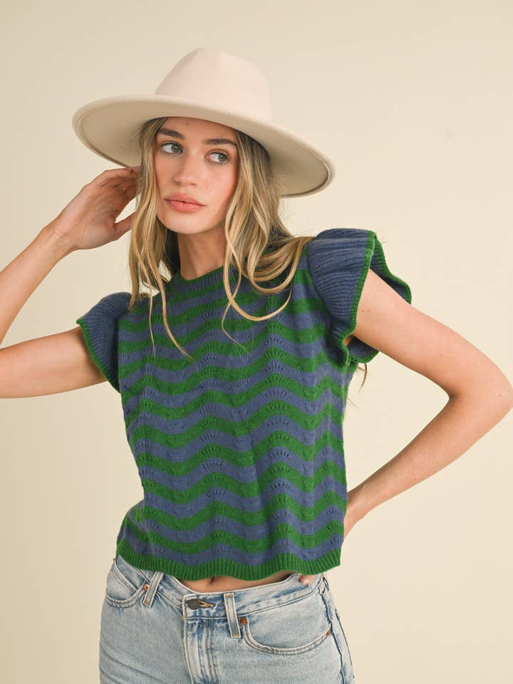 &MERCI - Wholesale Knit Sweater - Women's - WAVY STRIPES FLUTTER SLEEVE SWEATER TOP MSW1050985