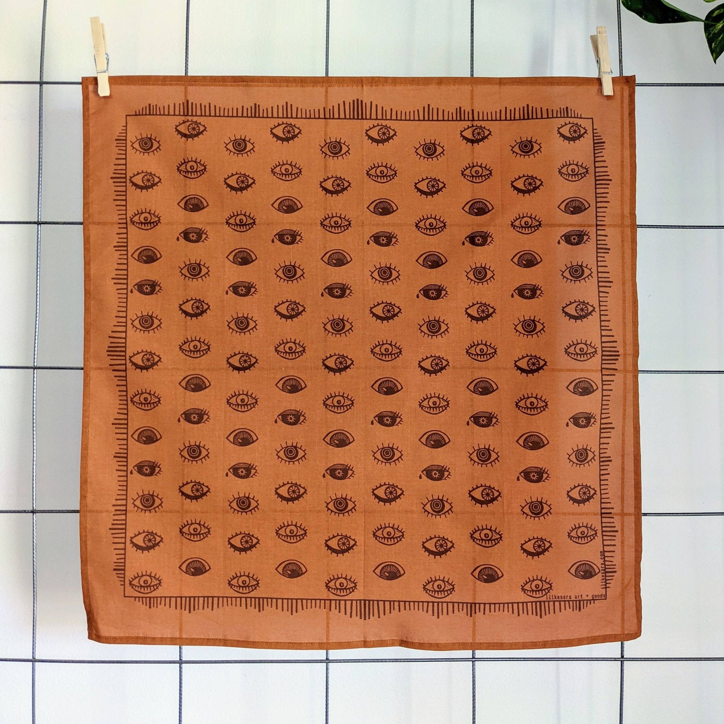 ilikesara | art + goods - Wholesale Bandana - Unisex - bandana | eyeball - orange & brown folky blockprint eye scarf neckerchief3