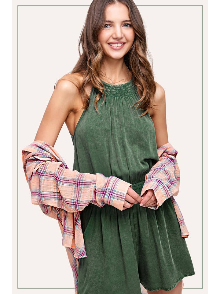 La Miel - Wholesale Romper - Women's - HCD9313-Mineral Washed Sleeveless Mini Romper with Pocket