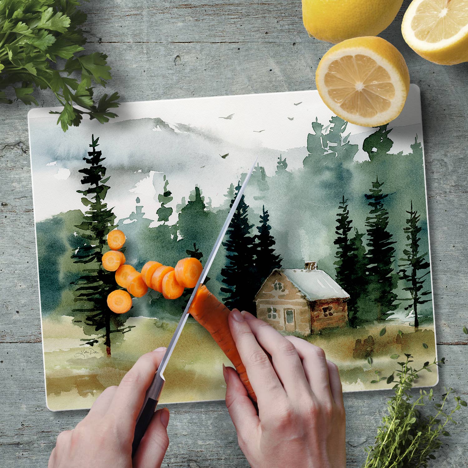 CounterArt/Highland Home/Thirstystone - Wholesale Cutting Board - "Cabin in the Woods" 3mm Glass Cutting Board 10" x 83