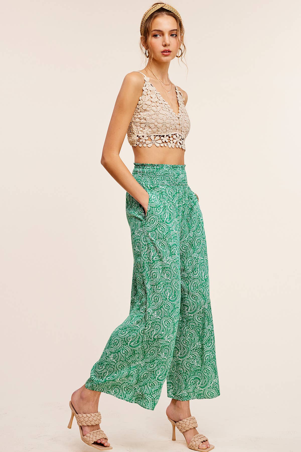 La Miel - Wholesale Pants - Women's - JCP4225-Boho Paisley Print Wide Leg Flowy Pants with Pockets9