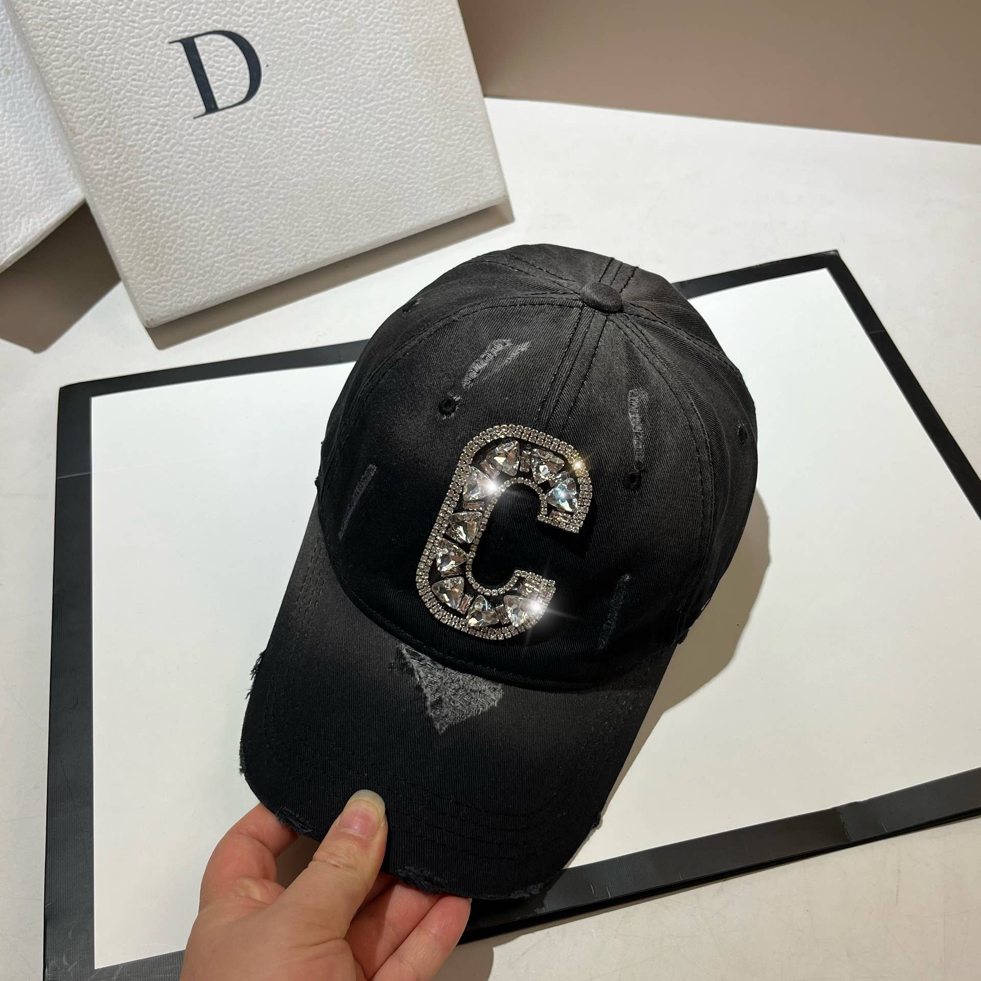 PEACH ACCESSORIES - Wholesale Baseball Cap - Women's - Luxury Rhinestone "C" Letter Cap in Black WA2072