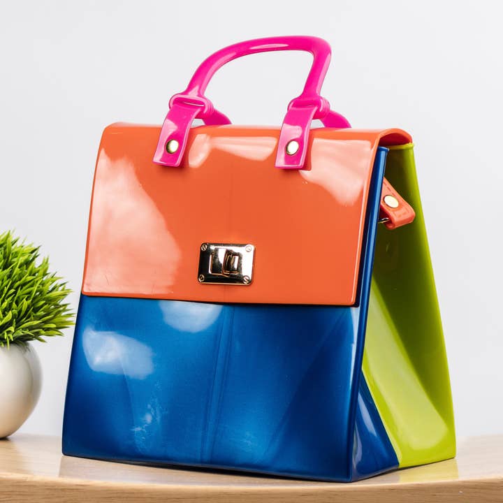 Borsa a tracolla in vinile arancione/blu/verde per la vendita all'ingrosso da parte di Pria Handmade Accessories