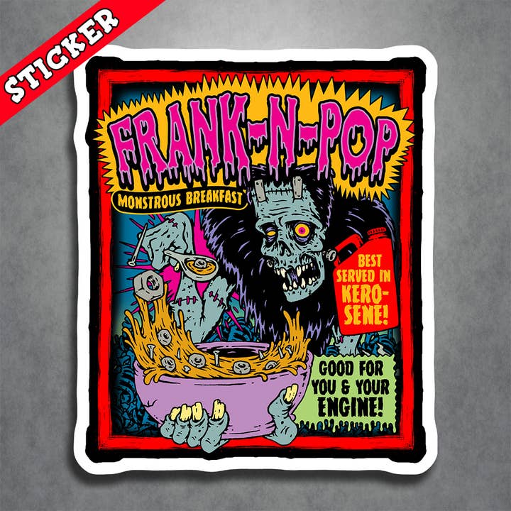 Autocollant Frank-N-Pop avec céréales pour petit-déjeuner Horror Frankenstein pour la vente par Monsters and Martians LLC