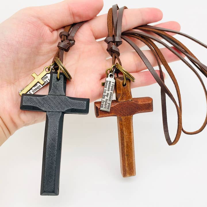 Retro Leather Rope Wood Cross Pendant Necklace for wholesale by Mio Queena
