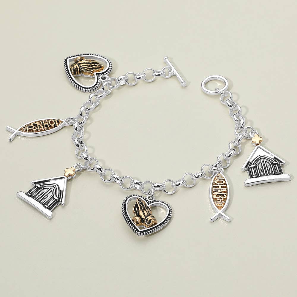 Sensibling Corp. - Wholesale Charm/Dangle Bracelet - JOHN 3:16 Religious Message Church Heart Praying Hand Faith Charm Station Toggle Bracelet2