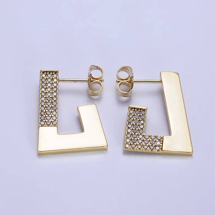 14K Gold Filled Thin Clear Micro Paved Geometric J-Shaped Hoop Earrings | AB332 for wholesale by Aim Eternal