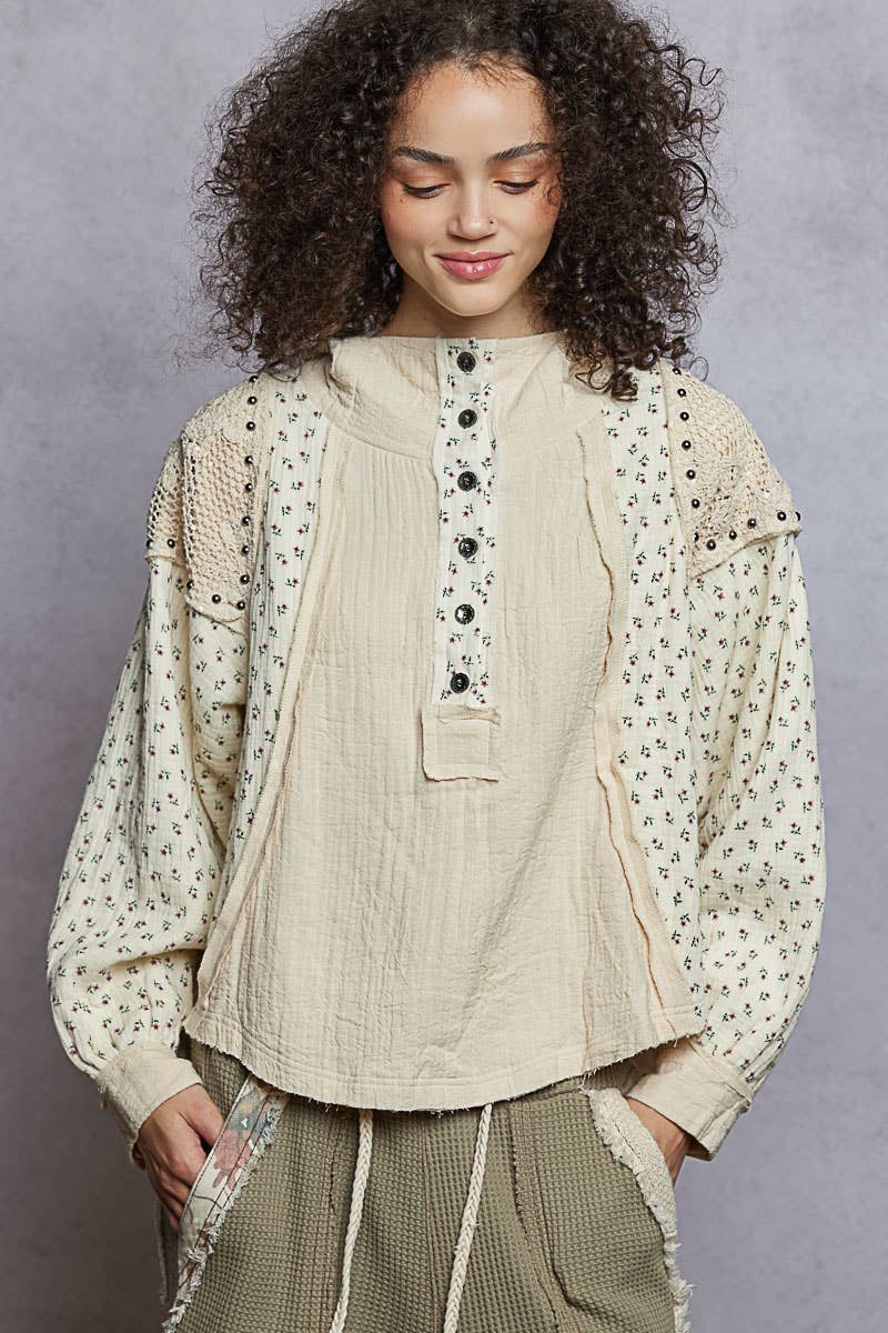 Pol Clothing - Vente Sweat à capuche – femme - Haut à capuche à manches longues avec col montant en double gaze et clous contrastants1