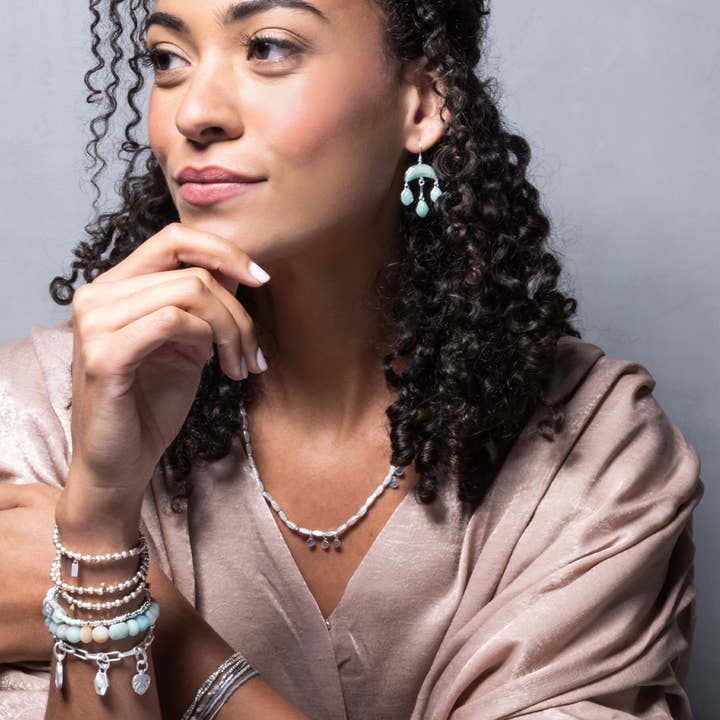 Scout Curated Wears - Wholesale Dangle Earrings - Stone Crescent Drop Earring - Amazonite/Silver