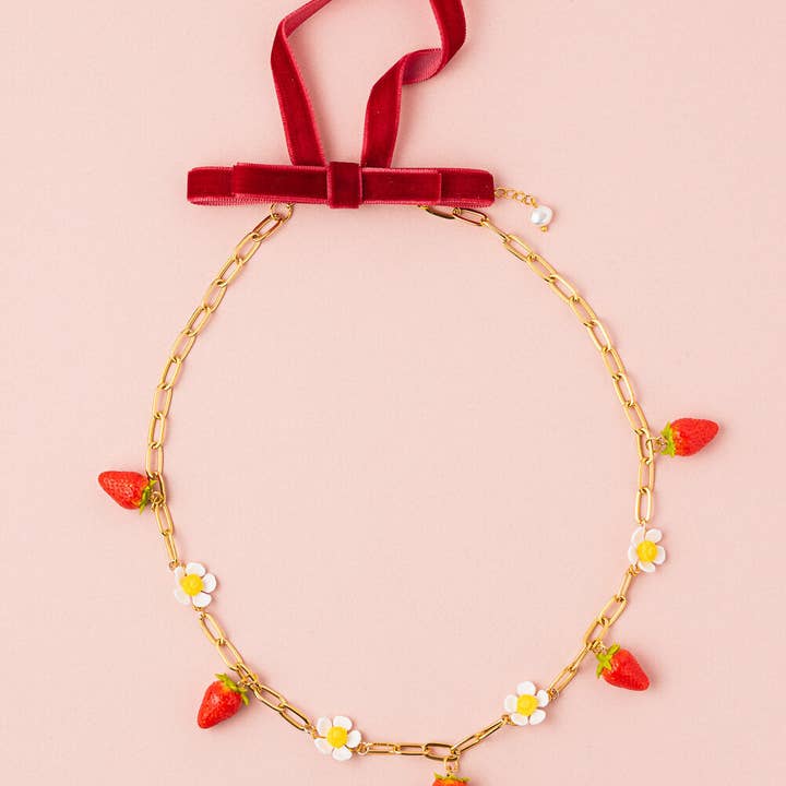 Wild Strawberry Statement Necklace with a Detachable Bow for wholesale by Lulou Bijoux