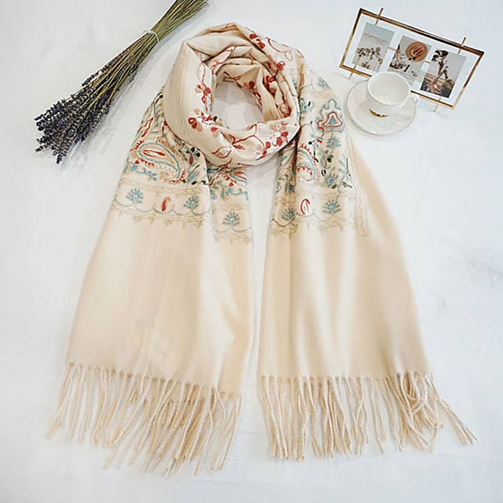 Sensibling Corp. - Wholesale Scarf - Women's - Floral Tassel Cashmere Feel Scarf3