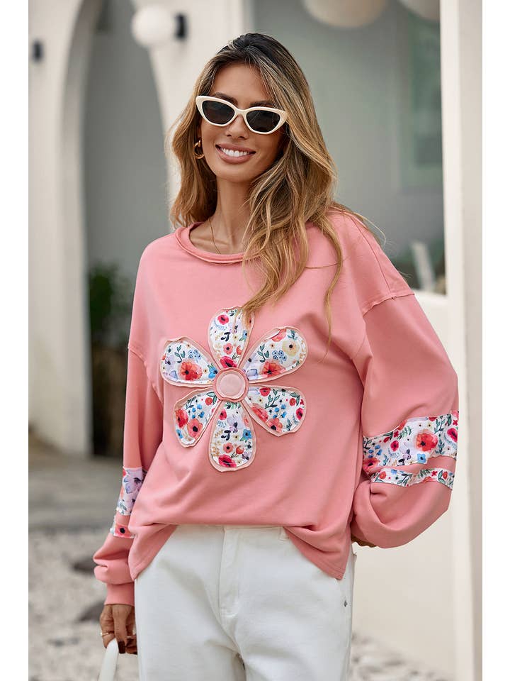 Little Daisy Closet - Wholesale Sweatshirt - Women's - LDC Rose Floral Applique Pullover Sweatshirt| S-4X
