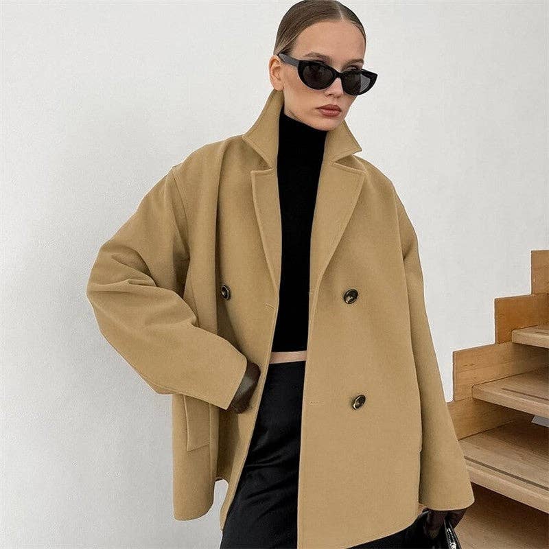 Brown Long Loose Thick Double Breasted Wool Coat for wholesale on Faire1