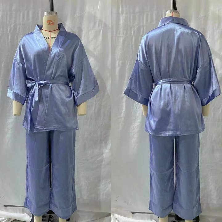 SALINA TRADING INC - Wholesale Sleepwear set – Women's - Women Solid Satin Long Sleeve Loose Lace-Up Pajamas Two Piece Set